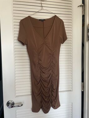 Ambiance Brown Ruched V-Neck Mini Dress